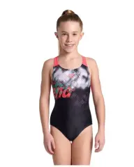 Arena  Girl's Splash Point Siyah Baskılı Kız Çocuk Mayo