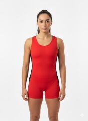 Karacan Yanları Siyah Şeritli Şortlu Kadın Mayo Kırmızı - M