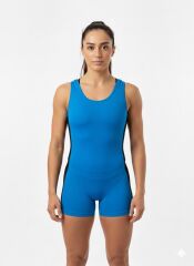 Karacan Yanları Siyah Şeritli Şortlu Kadın Mayo Mavi - M