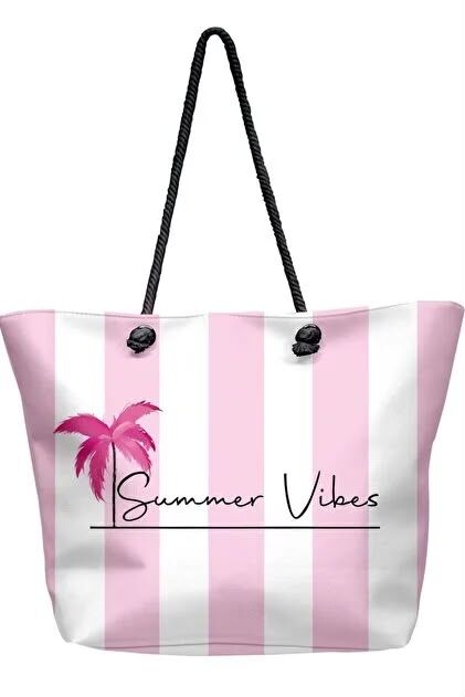 Kadın Pembe Summer Vibes Evalı Plaj Çantası