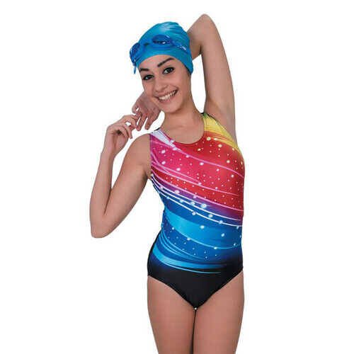 Karacan Gökkuşağı Baskılı Kadın Yüzücü Mayo XXL